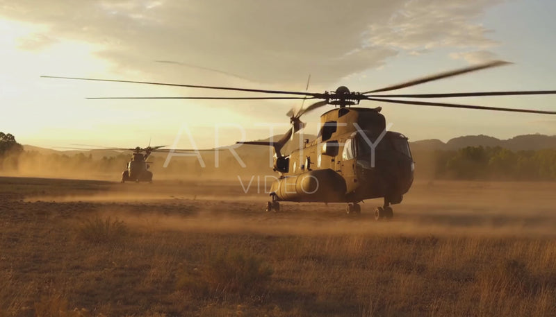 Military Hellicopters Rotor Wash Dusty Field