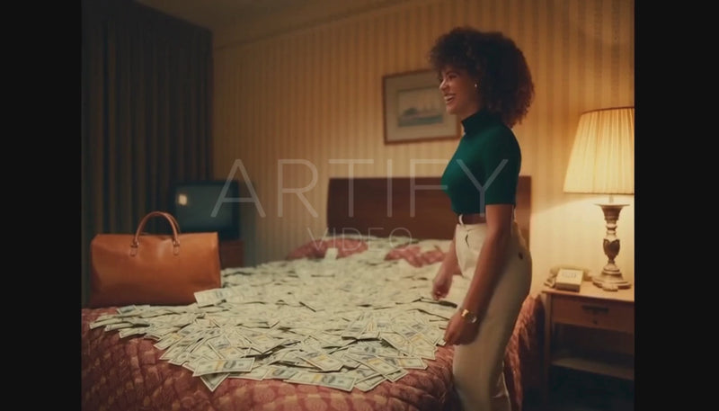 Woman Diving onto Bed of Cash [Retro]