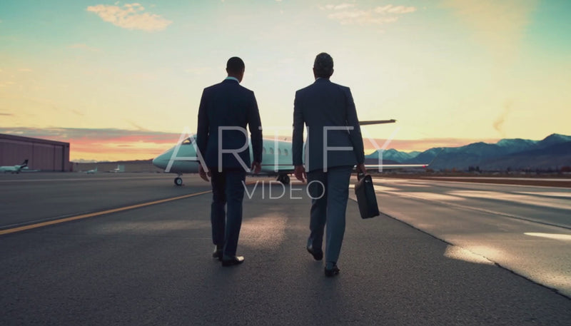 Business Men Walking to Private Jet Camera Move