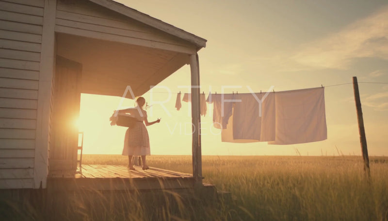 House on the Prairie Woman Hanging Clothes